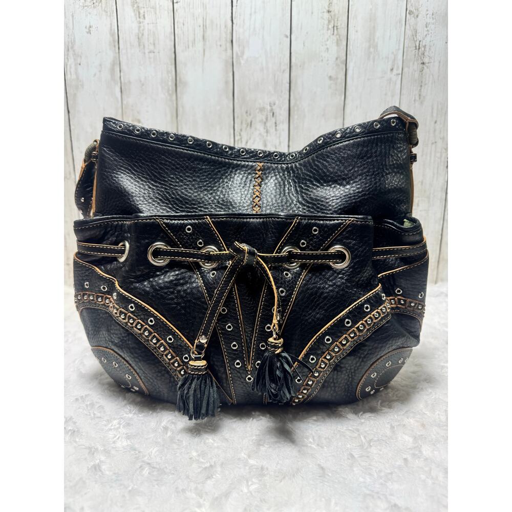 COLE HAAN Embellish Grommet Studded Genuine Leather Hobo Tassels Handbag, Black